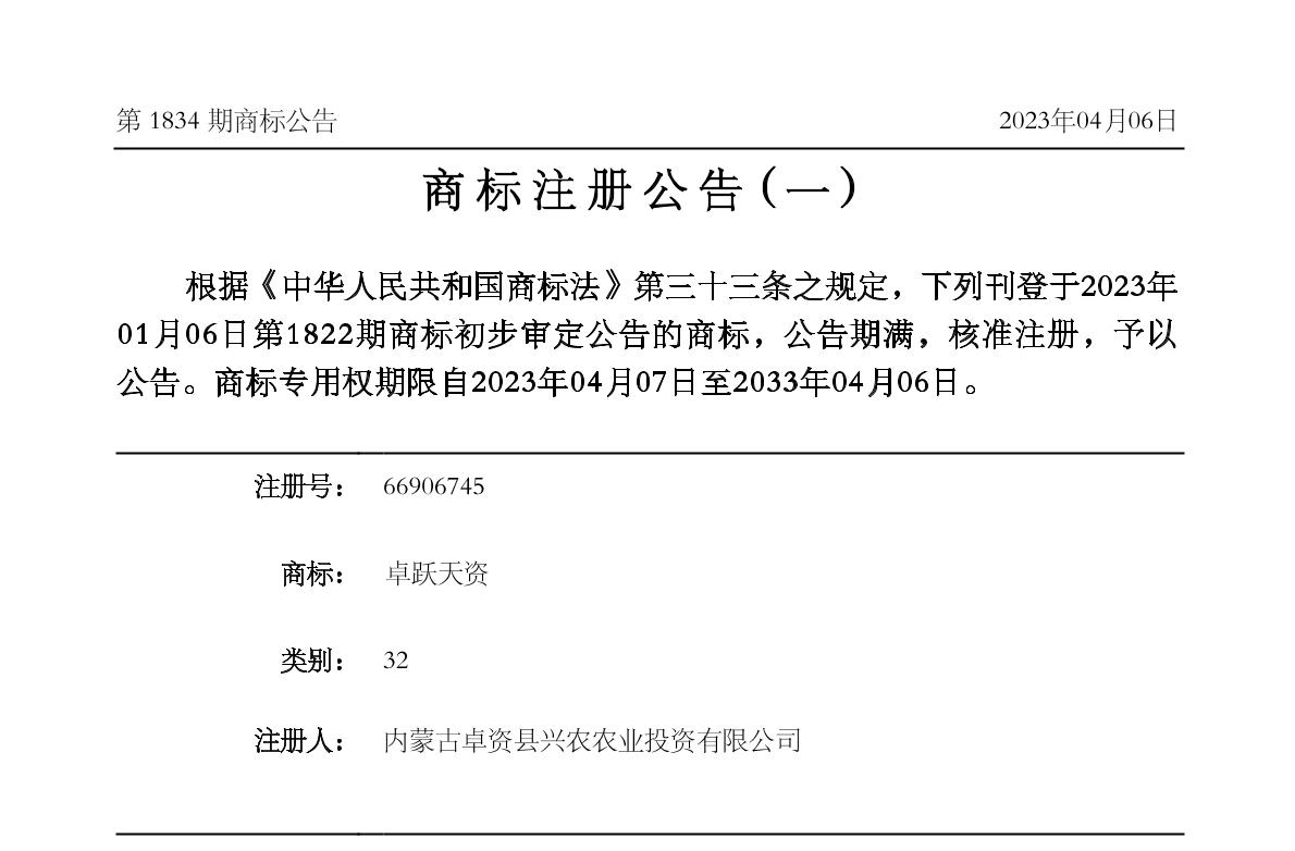 内蒙古卓资县“卓跃天资”品牌正式公示 助力2023年卓资县“三农”重点项目